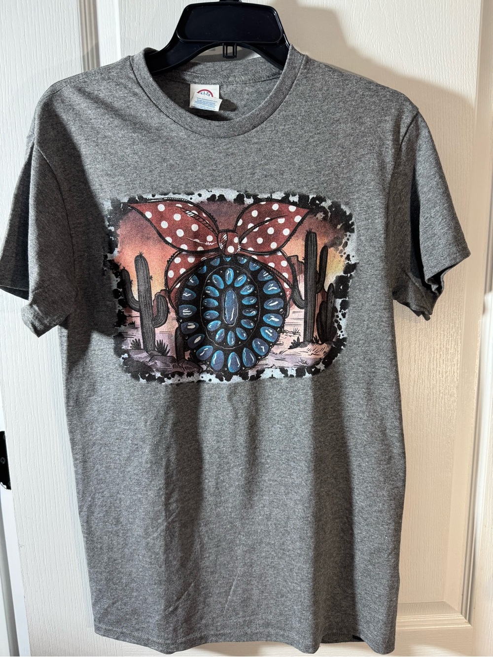Gray Graphic Tee with Southwestern Bandana & Turquoise Motif